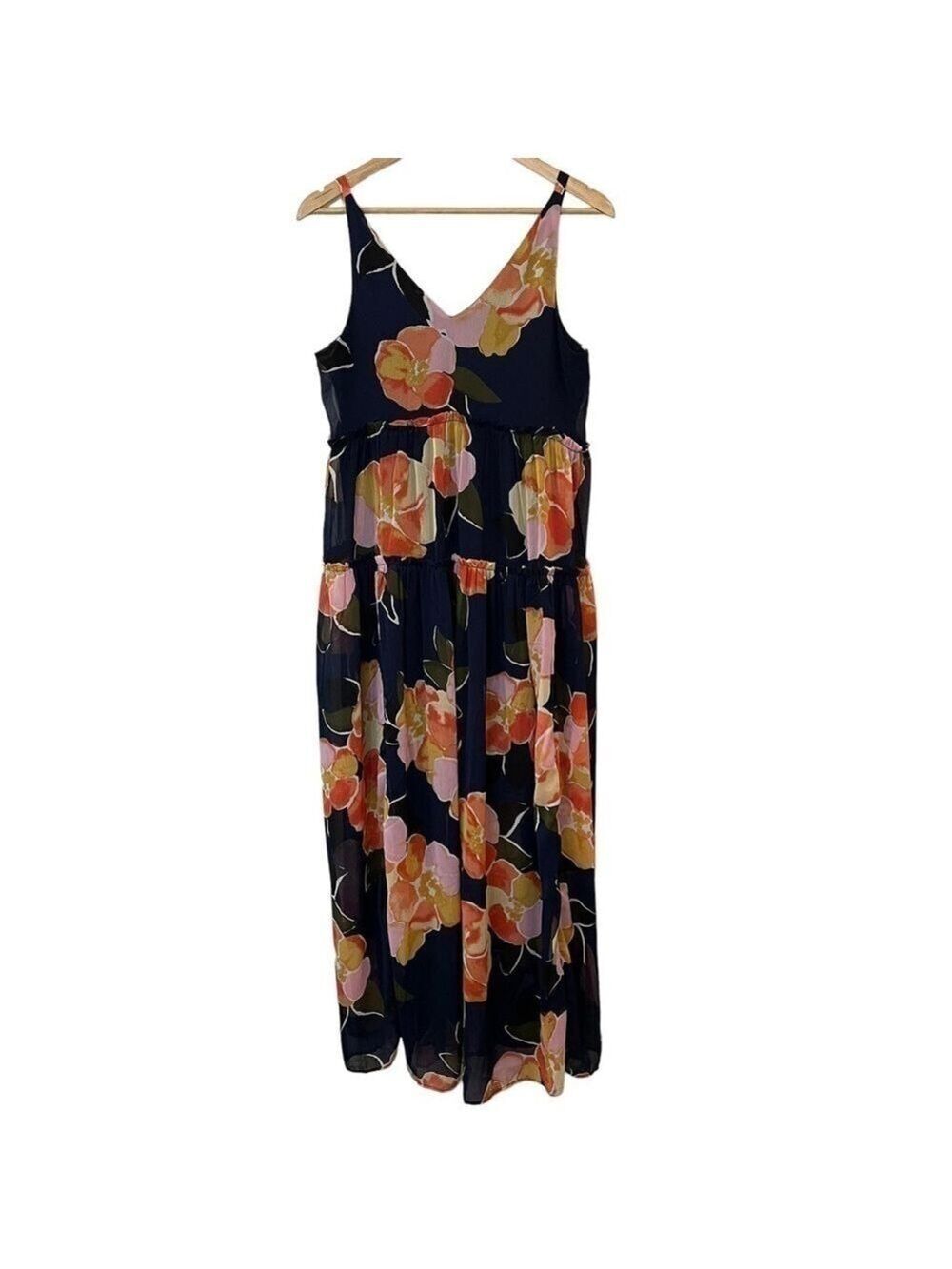 Maurices Floral Tiered Maxi Dress Sz M Blue Orange Boho Tropical Vacation Cruise